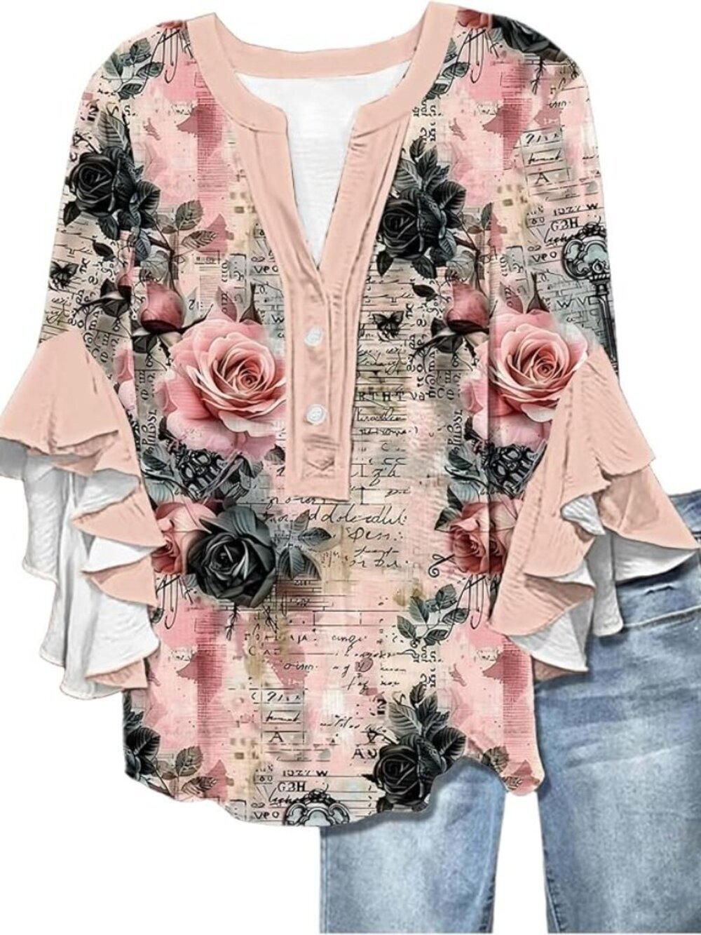 Women's Casual Boho Floral Print Tops Loose V Neck 3/4 Wave Bell Sleeve Blouse